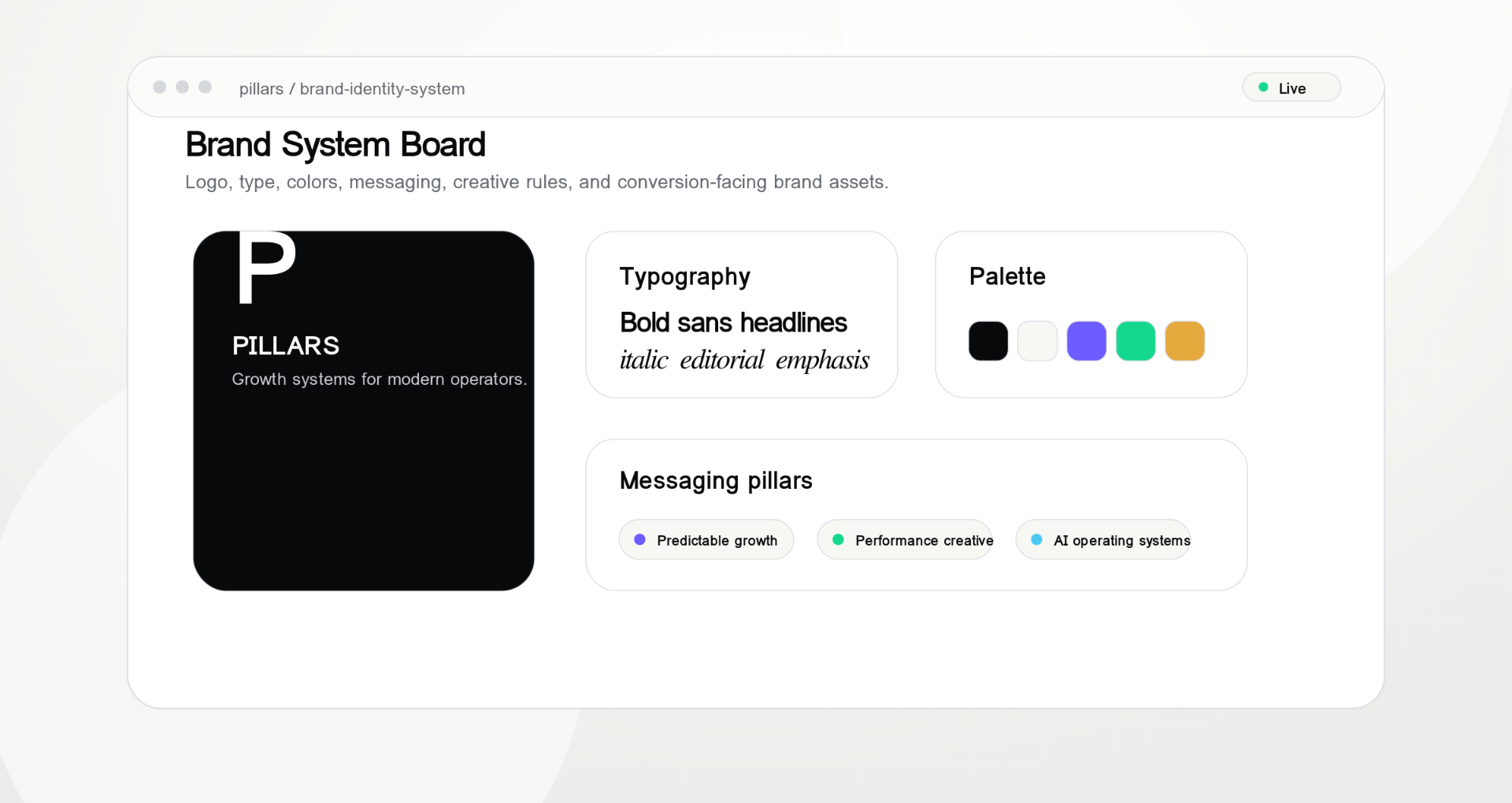 Pillars brand system — typography, palette, messaging